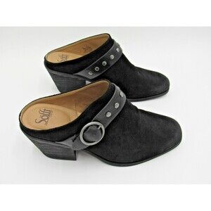 Sofft Adena Women's 11 Leather Suede Clogs Mules Black Studded Buckle Low Heel
